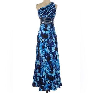 Stunning Y2K 2000s formal prom XS party dress beaded low open back blue print